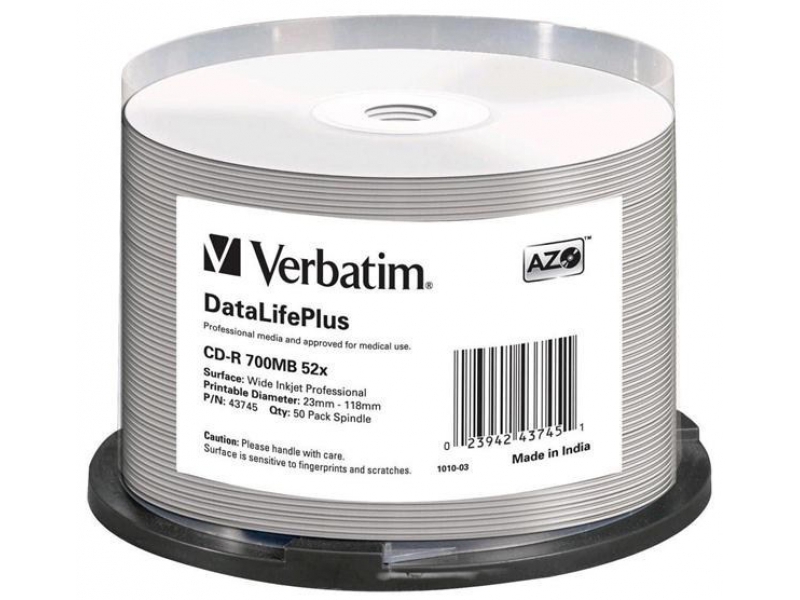 VERBATIM CD-R DTL+ Printable 700MB 52x cake box (bal=50ks) wide non iD 43745